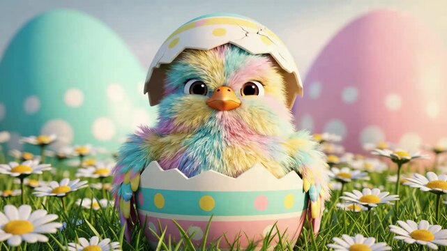 Vibrant pastel chick hatching from a decorated eggshell, wings wide open, standing in a field of daisies with colorful eggs, joyful Easter childhood scene, playful springtime energy.