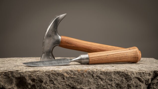 A chisel and hammer for stonework set apart