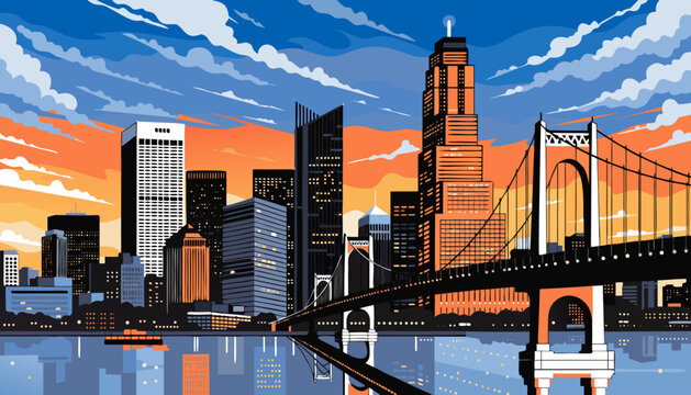 Metropolis Skyline View at Sunset with Suspension Bridge Over Water in Retro Pixel Art Style pittsburgh skyline vector