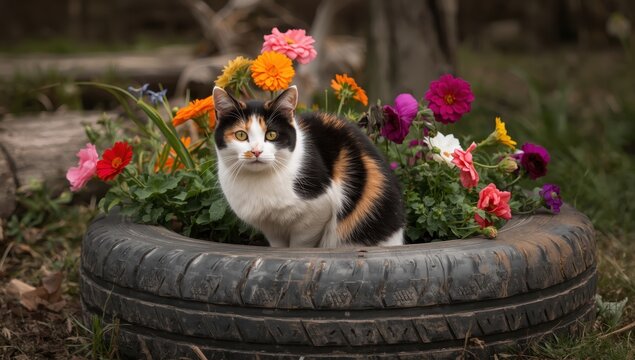 A three-colored farm cat perches on a tire repurposed as a flower bed