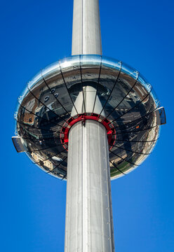 Brighton, UK, Jan 5, 2022. The upwards view of Brighton i360 with the glass pod on top in a sunny day.
