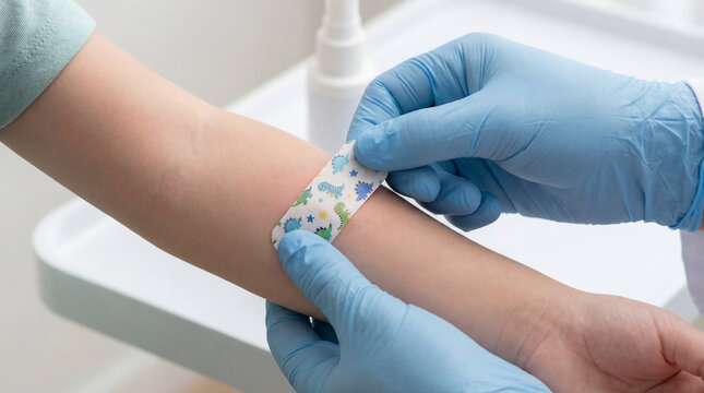 Medical professional hands in blue gloves applying cute dinosaur adhesive bandage on little child arm after vaccination or blood test in clinic