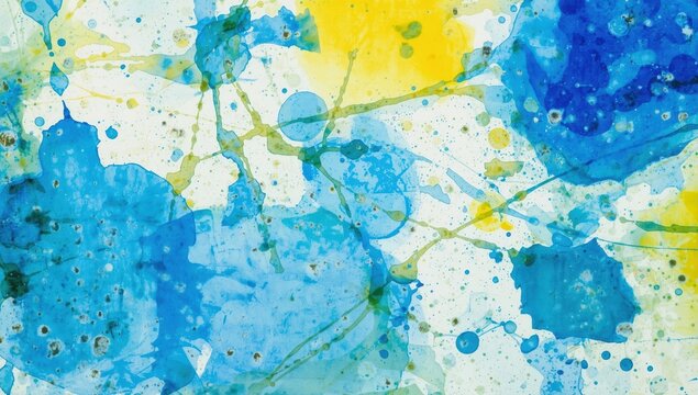 Abstract artwork featuring blue, yellow, and green splashes on white