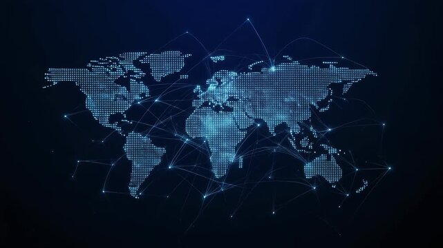 Glowing digital world map with network connection lines representing global communication, international business, and data transfer.