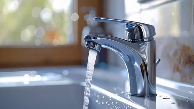 Chrome faucet with running water in a modern bathroom sink