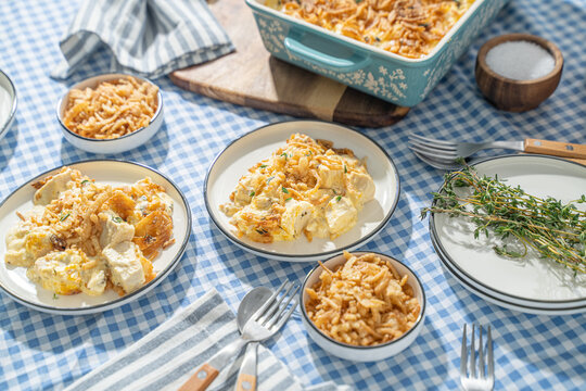 Potluck recipe. Cheesy casserole dinner for a Church gathering or a potluck dinner