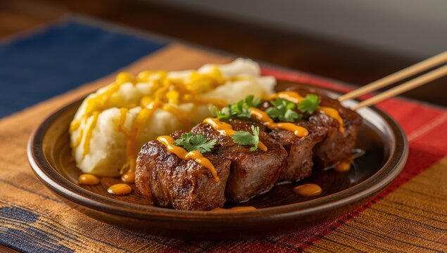 Anticuchos: grilled beef heart skewers with potatoes in Peruvian food