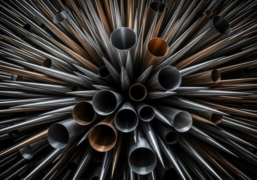 Convergent metal pipes formation radiating from center abstract composition