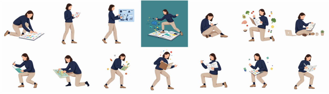 Flat Style Cutout Woman Character in Various Poses Working on Project Illustration