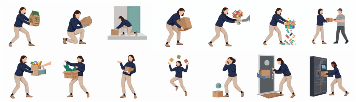Flat Character Illustration Set of Woman Delivering Parcel or Carrying Box