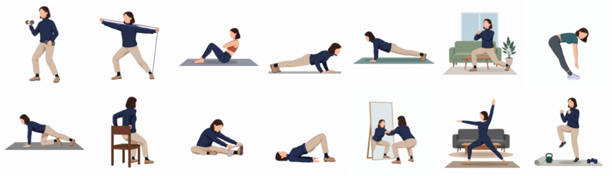 Flat Style Detailed Set of Woman Doing Home Exercise Illustration