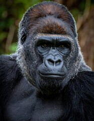 A close-up of a gorilla's face with a blurred background