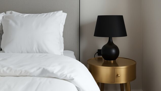 Bedroom interior featuring a white bedspread and a black lamp on a gold nightstand