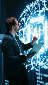 Vertical video Technician looks at AI self writing code on large display interface, digital autonomy concept. IT specialist reviewing self sustaining artificial intelligence model on interactive