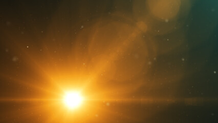 Bright sun flare with golden light rays and soft glow emerging from a dark background