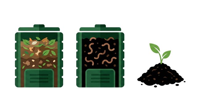 Composting illustration. Features two compost bins with different stages of the process, and a growing plant.