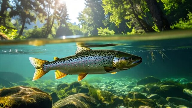 A speckled trout swims gracefully in clear river water beneath a vibrant green forest