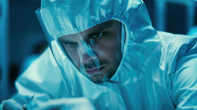 Focused Scientist in Laboratory: A focused scientist, clad in protective gear, meticulously examines equipment within a sterile laboratory, symbolizing precision and scientific dedication.