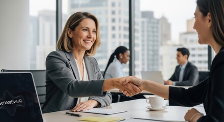 Fototapeta premium Professional businesswomen shaking hands in a modern office setting indicating partnership and collaboration agreement success.