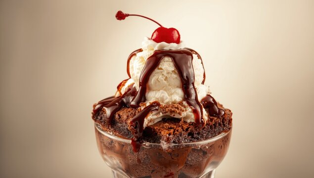 Brownie sundae topped with vanilla ice cream and warm fudge