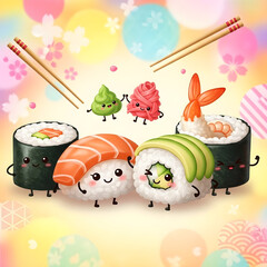 Fototapeta premium cheerful, brightly colored, digitally illustrated image featuring six anthropomorphic sushi and related food items 