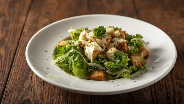 Caesar salad on wood, vegetarian dish