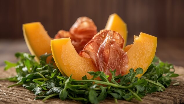 Cantaloupe slices encased in prosciutto atop arugula