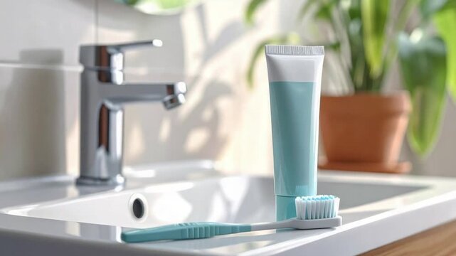 Toothbrush and toothpaste on a clean bathroom sink for daily oral hygiene