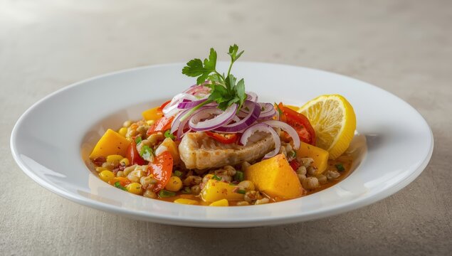 Cebiche of fish with onion, chili, sweet corn, and sweet potato on a white plate