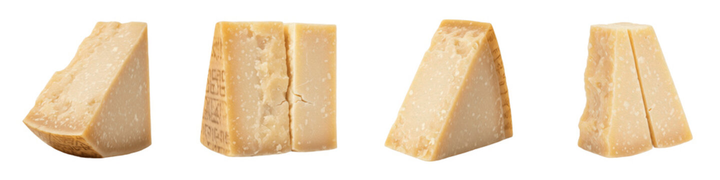 Set and collection of hard parmesan cheese blocks and wedges from different angles for gourmet cooking isolated on white transparent PNG background