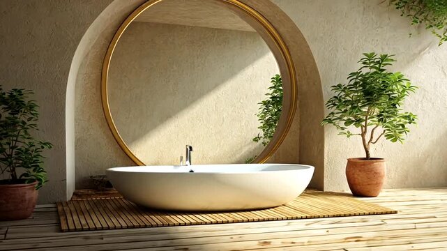 Bathtub by mirror on a reed rug, potted plants near wooden floor and wall