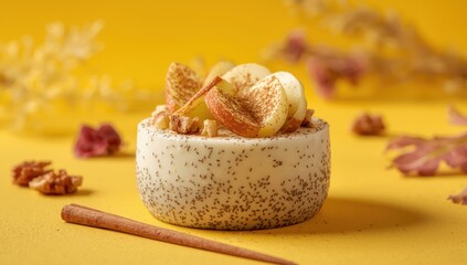 Chia pudding with apples, cinnamon, and walnuts on a yellow backdrop