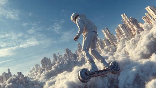 A person in a spacesuit glides on a hoverboard high above clouds, surrounded by tall, modern skyscrapers. The scene captures futuristic travel, advanced technology, and imaginative urban landscapes