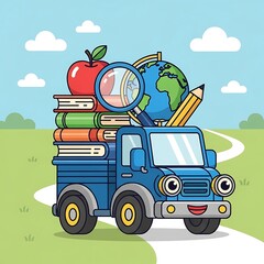Fototapeta premium Cartoon truck loaded with school supplies.