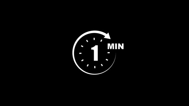 One Minute Timer White on Black Background Clock Symbol with Arrow Minute Counter timer clock symbol
