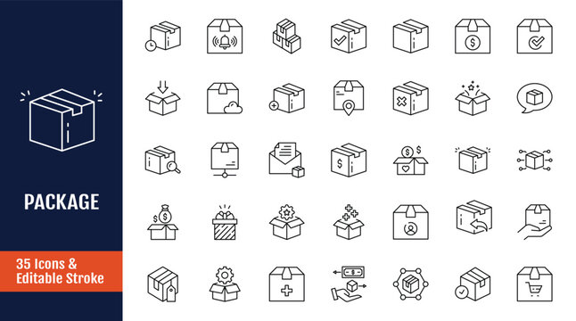 Package Boxes Icons set. Icons related to open and closed box, delivery box, container, storage, good packing, fragile, and more. Outline icon with Editable stroke. Vector illustration