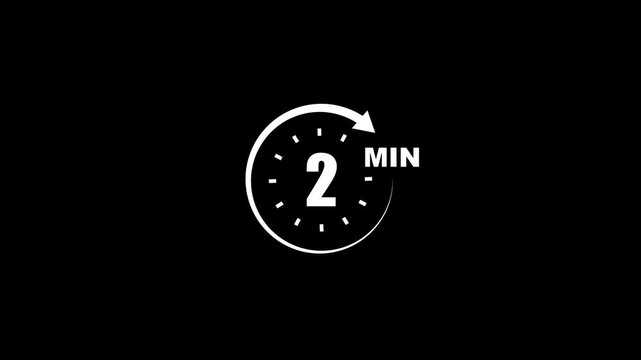 Timer 2 minutes white animation on black background clock countdown