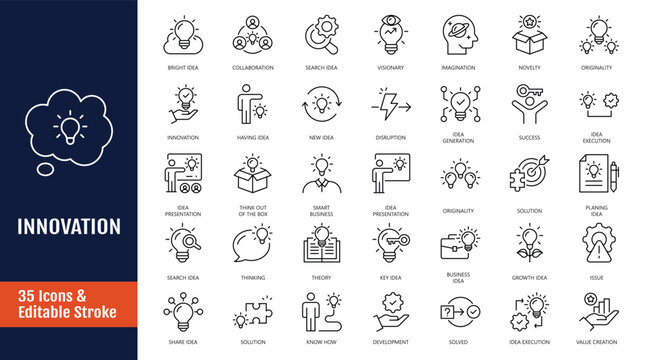 Innovation icon set. Icons related to creativity, invention, prototype, Design Thinking, Brainstorm and more. Outline icon with Editable stroke. Vector illustration