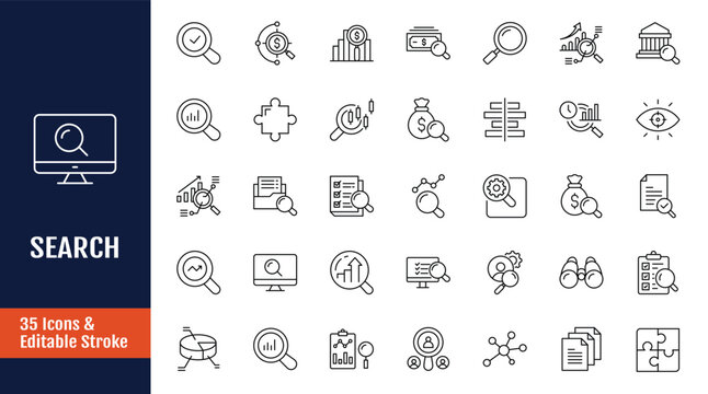 Search icon set. Icons related to magnifying glass, find, research, SEO, investigate, and more. Outline icon with Editable stroke. Vector illustration