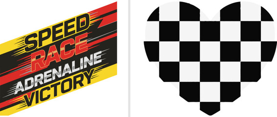 A high-energy vector graphic featuring dynamic "Speed Race" typography with motion blurs on the left, paired with a pixel-style checkered heart icon on the right. © Nur
