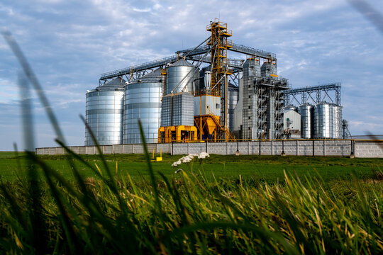 A large modern plant for the storage and processing of grain crops. Agro-processing manufacturing plant for processing drying cleaning and storage of agricultural products. Export of grain by railway