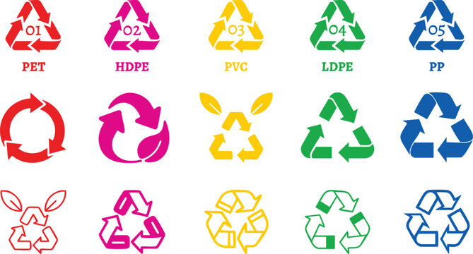 Recycling symbols for pet hdpe pvc ldpe pp plastic types on transparent background