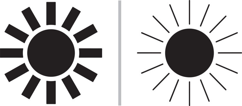 A pair of minimalist sun icons: a bold solid black sun with thick rectangular rays on the left, and a simple black sun with thin, fine radial rays on the right. Clean vector design for UI apps.