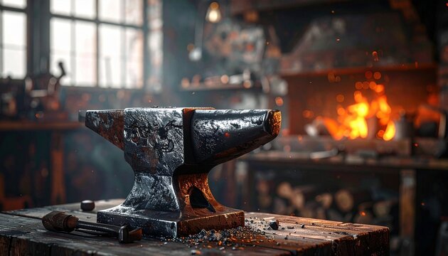 Anvil in Blacksmith Workshop with Fire Background