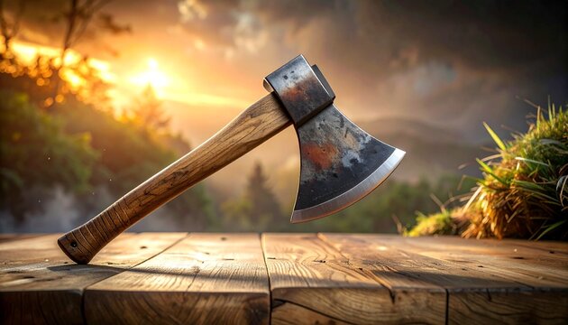 Wooden Axe on Table at Sunset