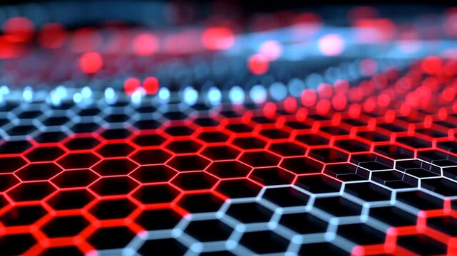Vibrant red and blue glowing hexagonal grid pattern with abstract bokeh lights