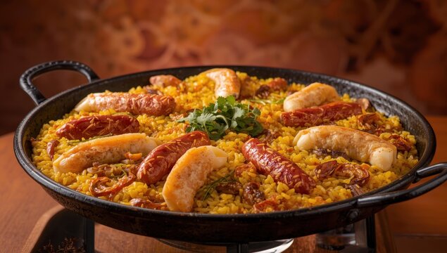 Classic Valencian paella: completed dish with dry rice and Mediterranean style