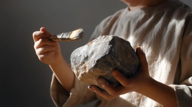 Young child gently brushes dust off rough stone, highlighting moment learning, tactile exploration. Captures innocence, curiosity, joy hands on discovery in calm setting