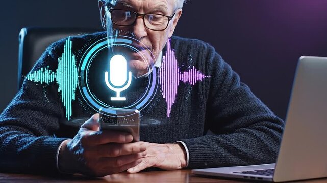 AI assistant voice chat interface. Digital communication, speech recognition, and smart technology enabling natural conversation.Person interacting through microphone with AI Agent voice chat