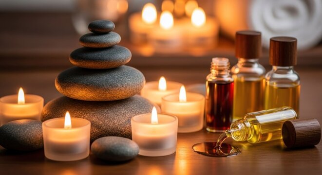 Zen like spa setup with candles stones and aromatherapy oils for relaxation